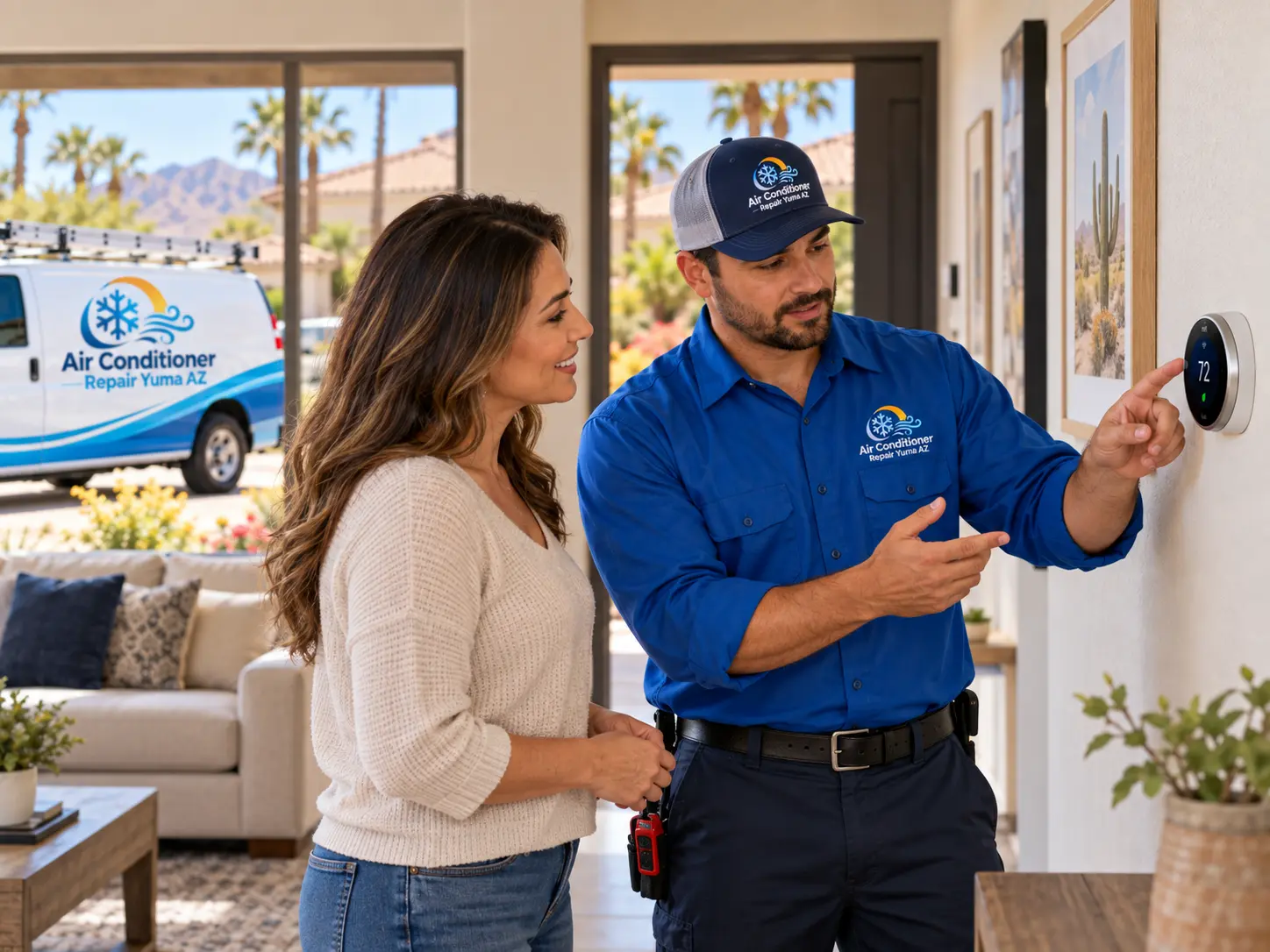 Service technician explaining a thermostat to a homeowner inside a Yuma home