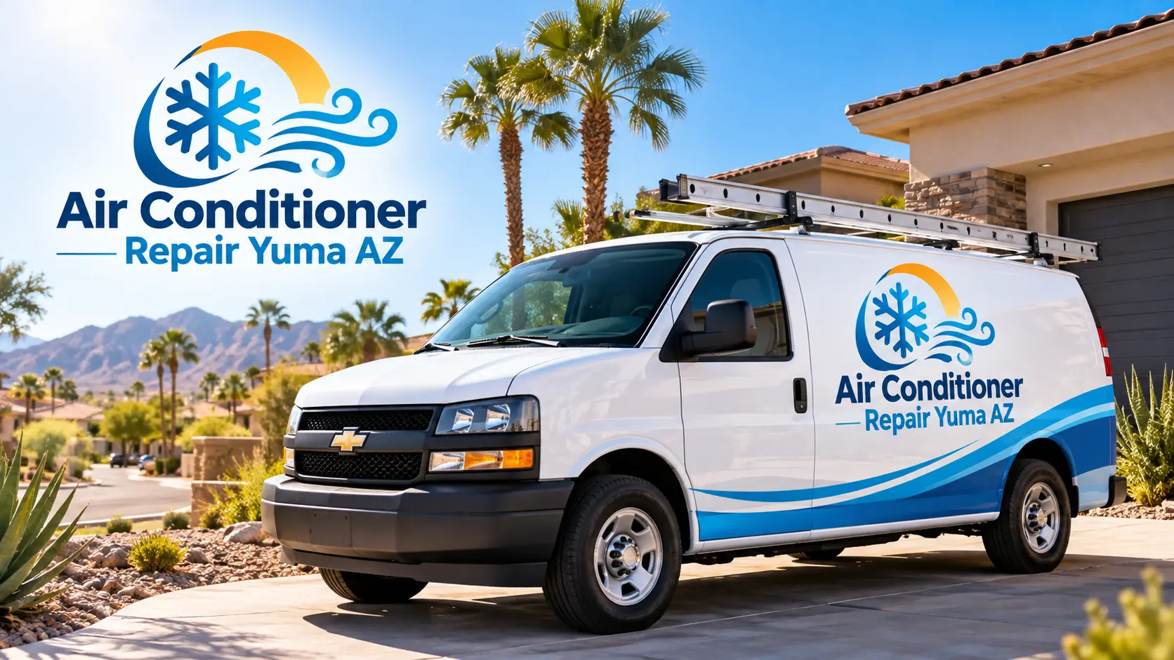 Air Conditioner Repair Yuma AZ service van parked at a Yuma home with desert landscaping and mountains